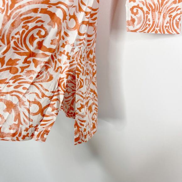 J McLaughlin XSmall XS Coral Orange Blue Printed Split V Neck Tunic Cotton Top - Picture 5 of 7